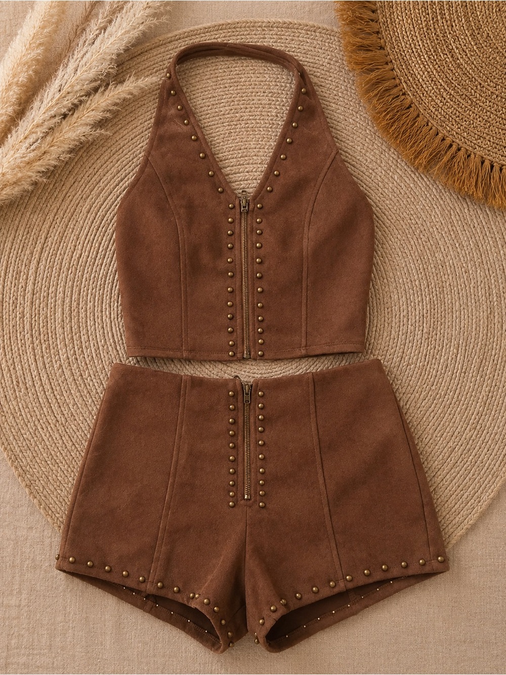 Fashion Nova Brown High Waist Studded Halter Shorts Set